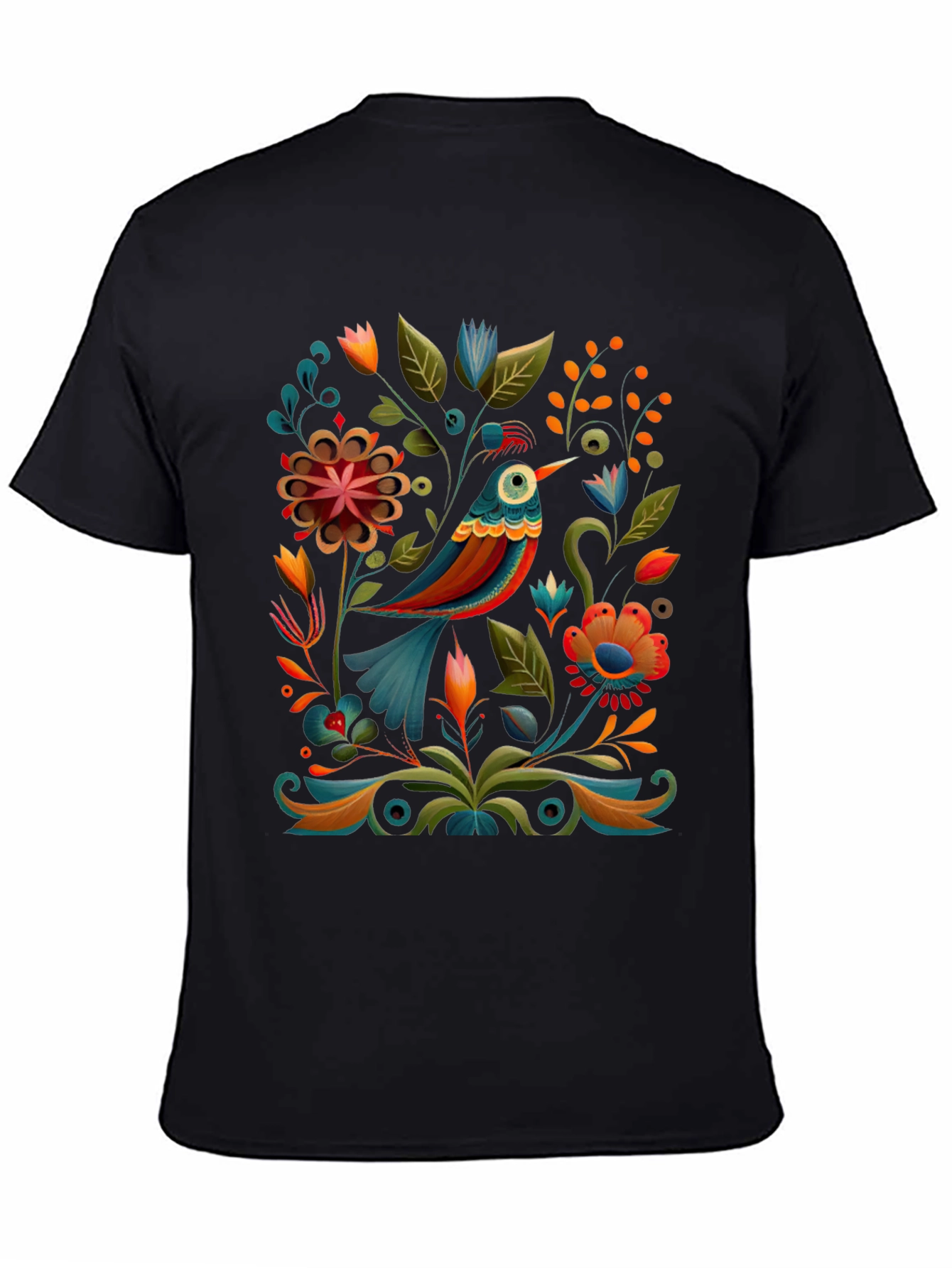 Floral Bird Graphic Tee - Stylish Black T-Shirt