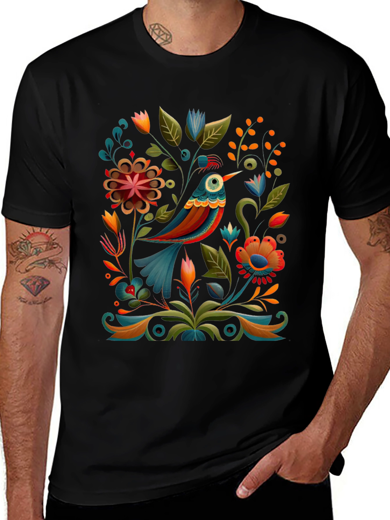 Floral Bird Graphic Tee - Stylish Black T-Shirt