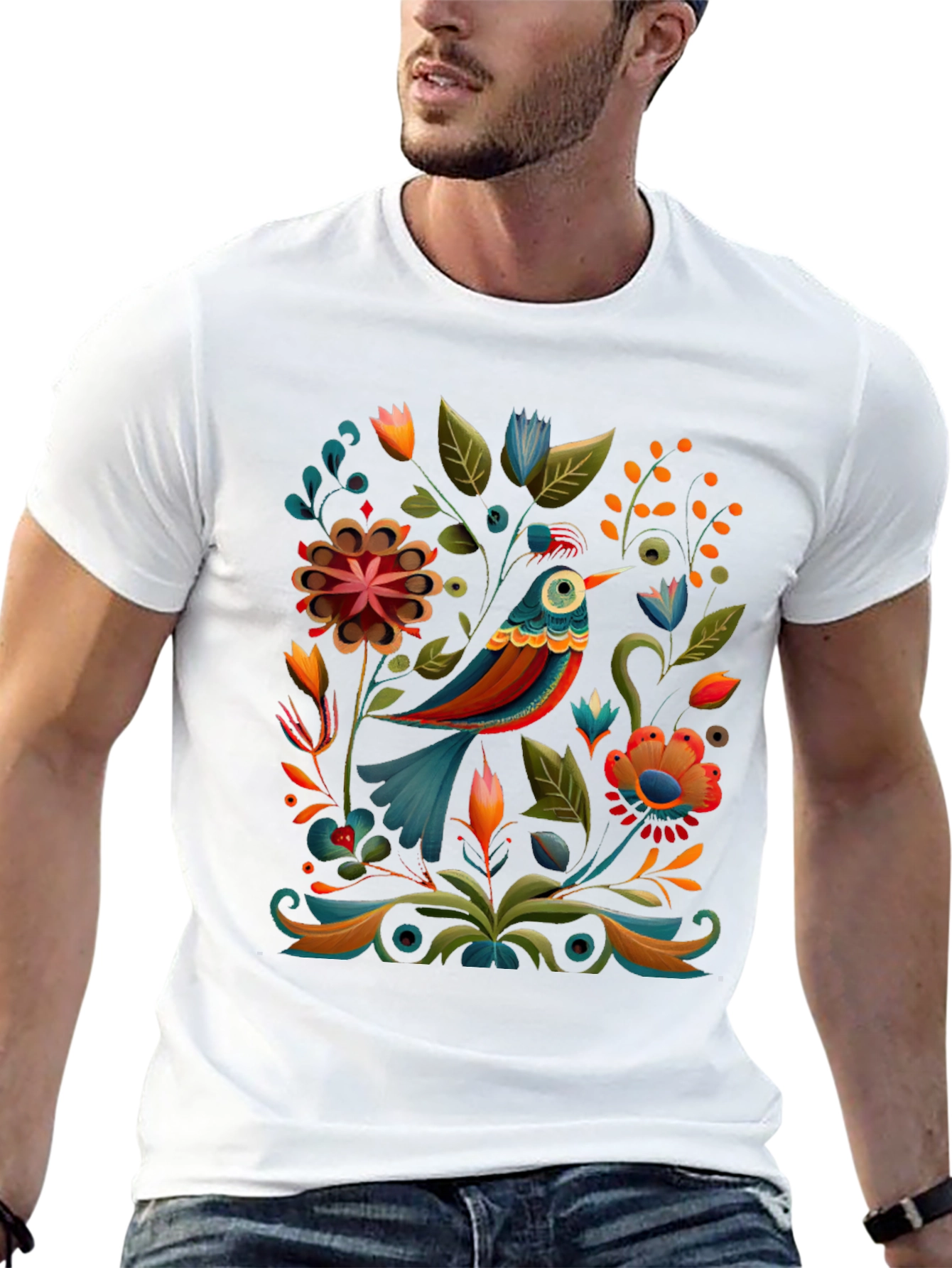 Floral Bird Graphic Tee - Stylish Black T-Shirt