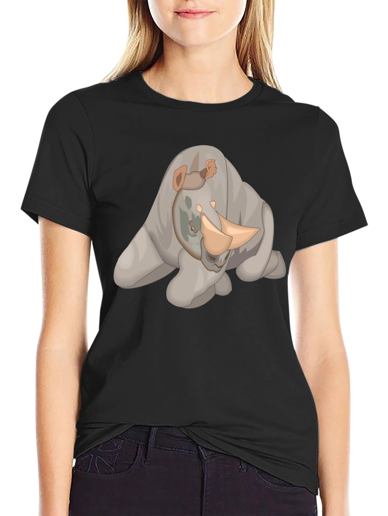 Rhino Cartoon Black T-Shirt