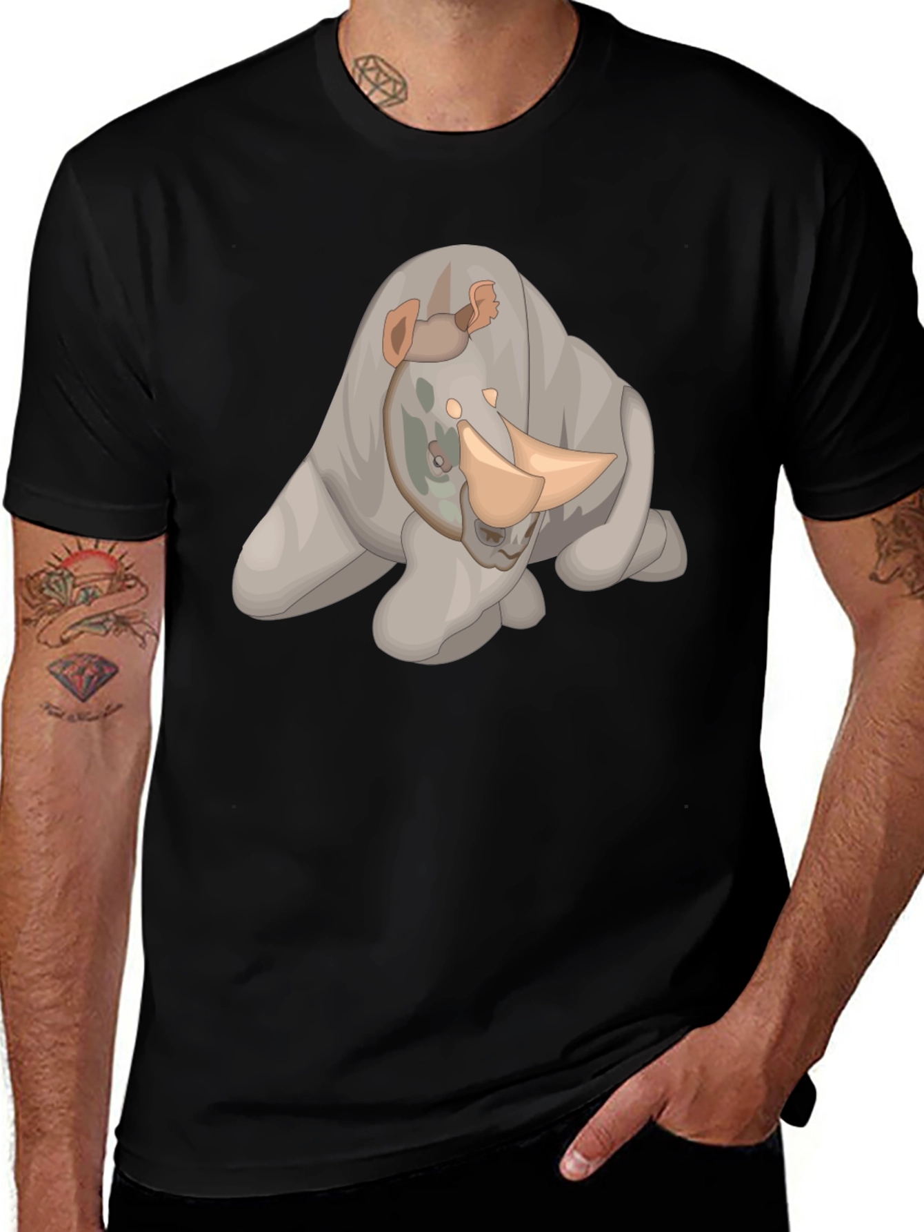 Rhino Cartoon Black T-Shirt