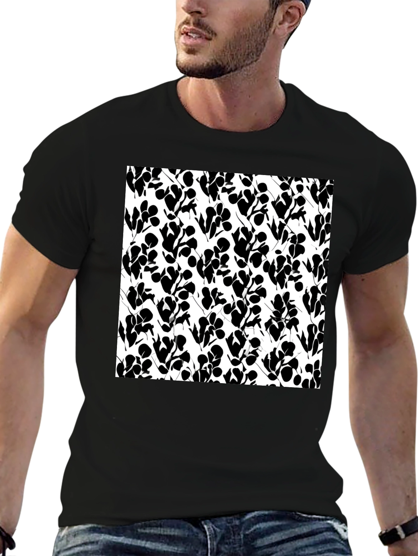 Abstract Floral Print Black T-Shirt