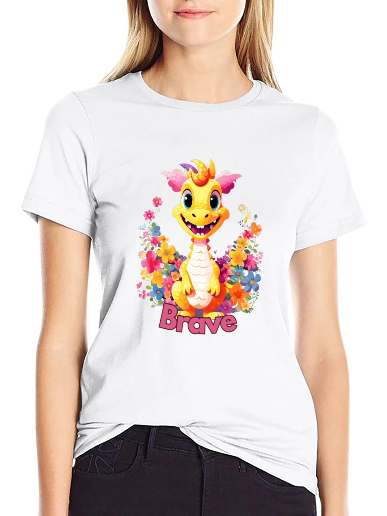 Brave Dragon Graphic Tee - Cute Floral Design