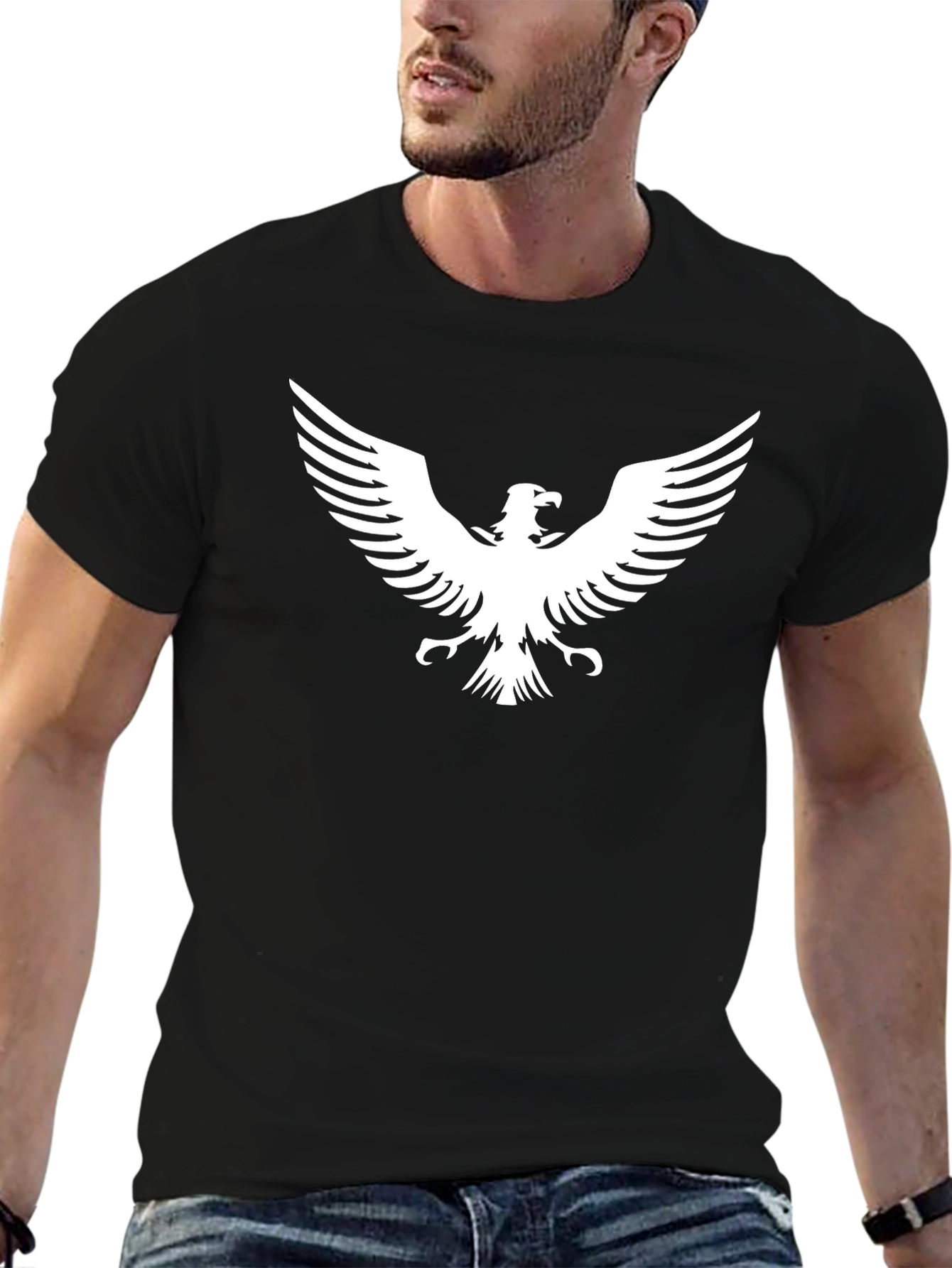Black T-Shirt with White Eagle Graphic Print