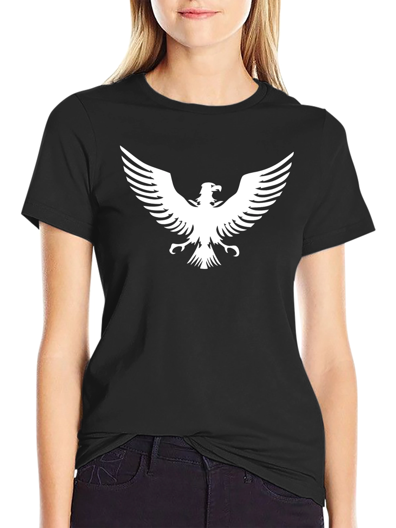 Black T-Shirt with White Eagle Graphic Print