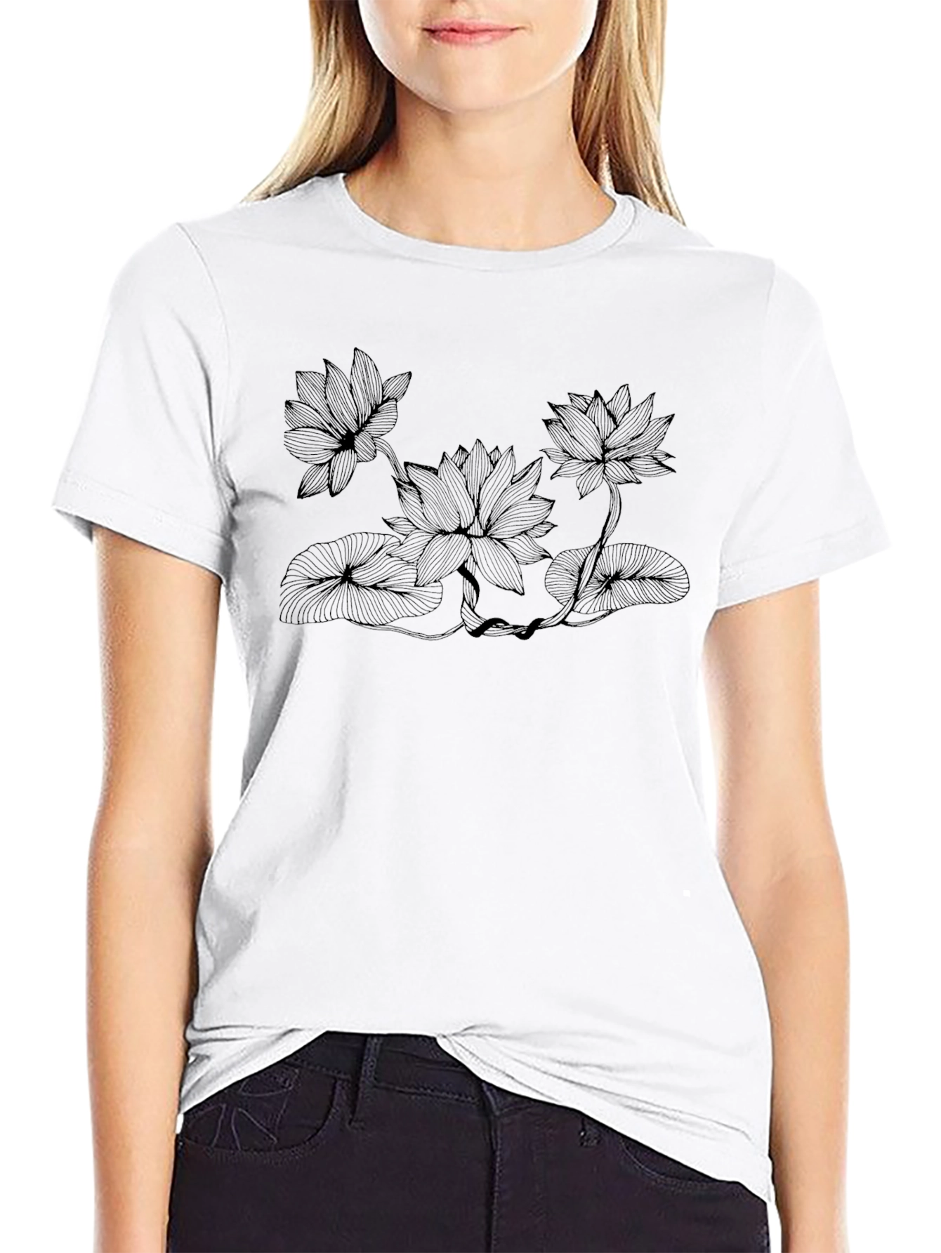 Lotus Flower Graphic Print Black T-Shirt