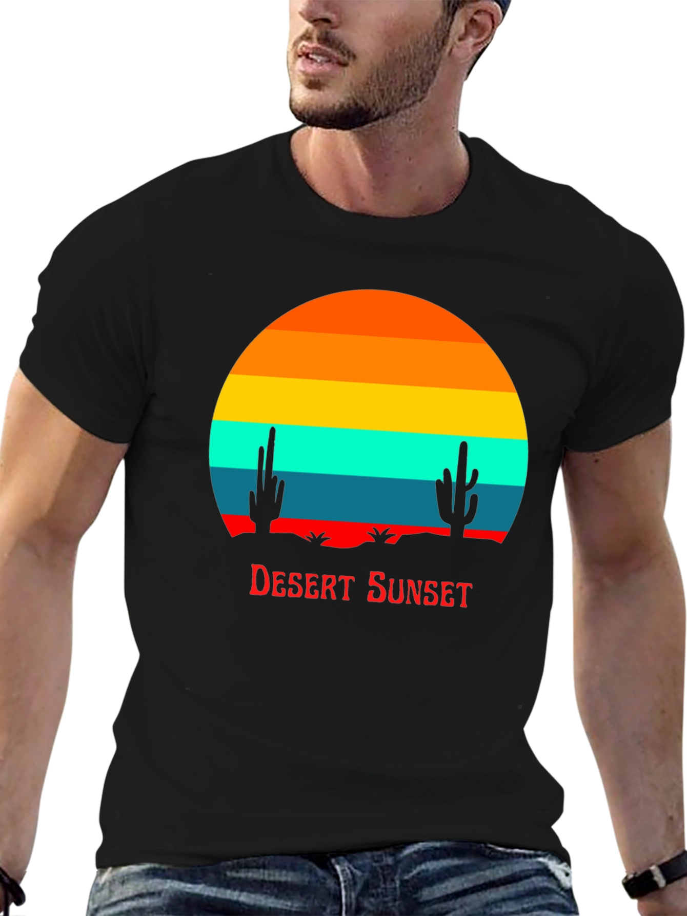 Retro Desert Sunset Graphic Tee - Black Cotton Blend