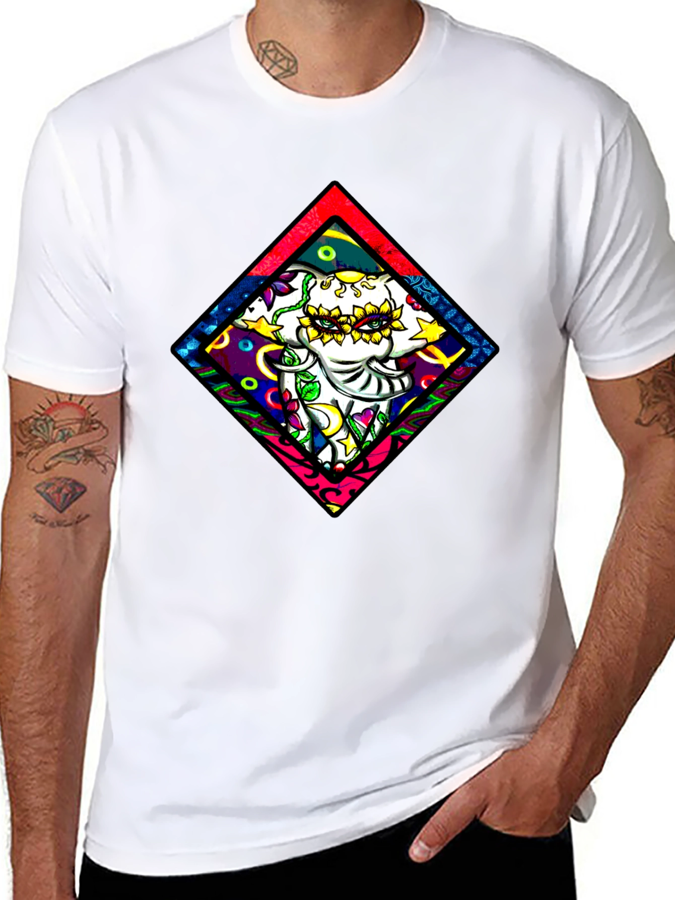 Elephant Diamond Graphic T-Shirt - Black