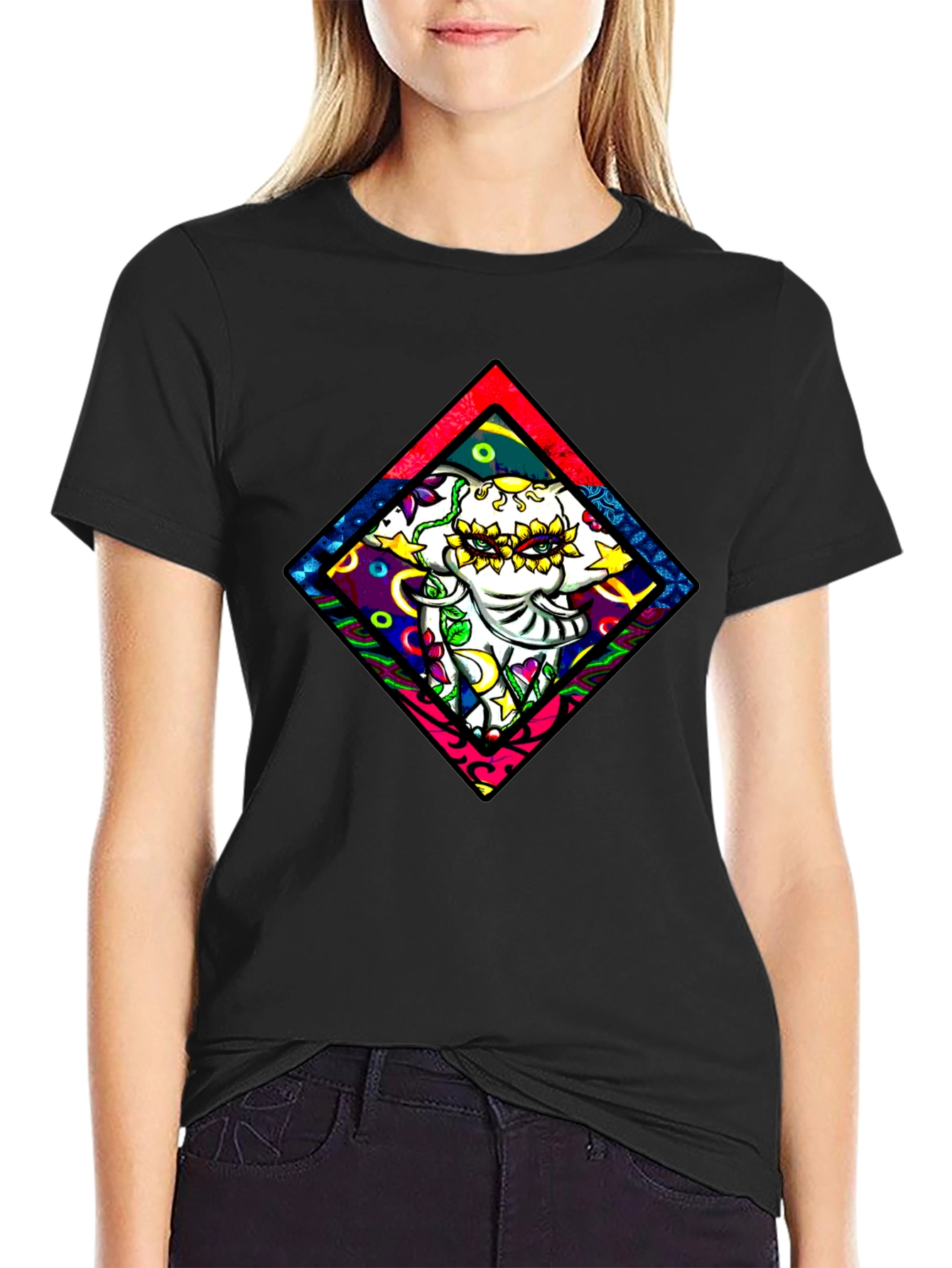 Elephant Diamond Graphic T-Shirt - Black