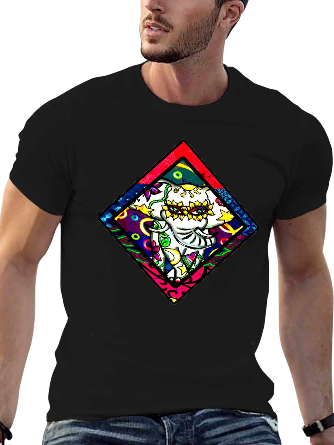 Elephant Diamond Graphic T-Shirt - Black