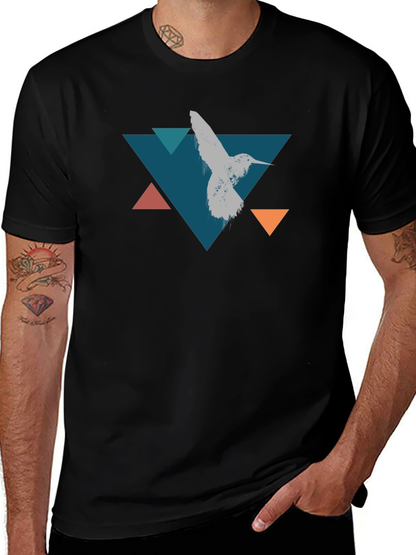 Geometric Hummingbird T-Shirt - Stylish Black Tee