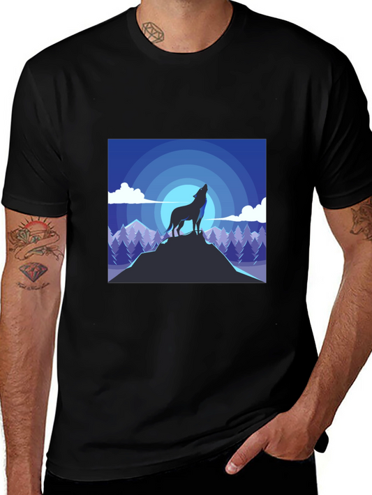 Wolf Howling at Moon Graphic Tee - Stylish Mens Black T-Shirt