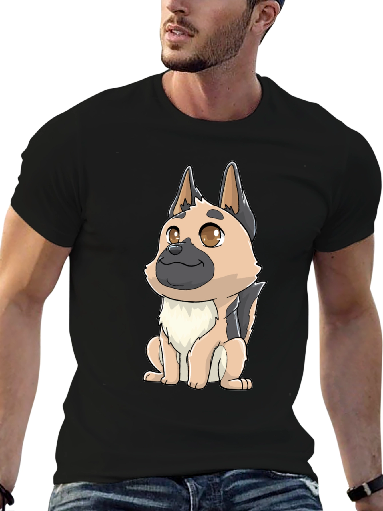 Cartoon German Shepherd Black T-Shirt