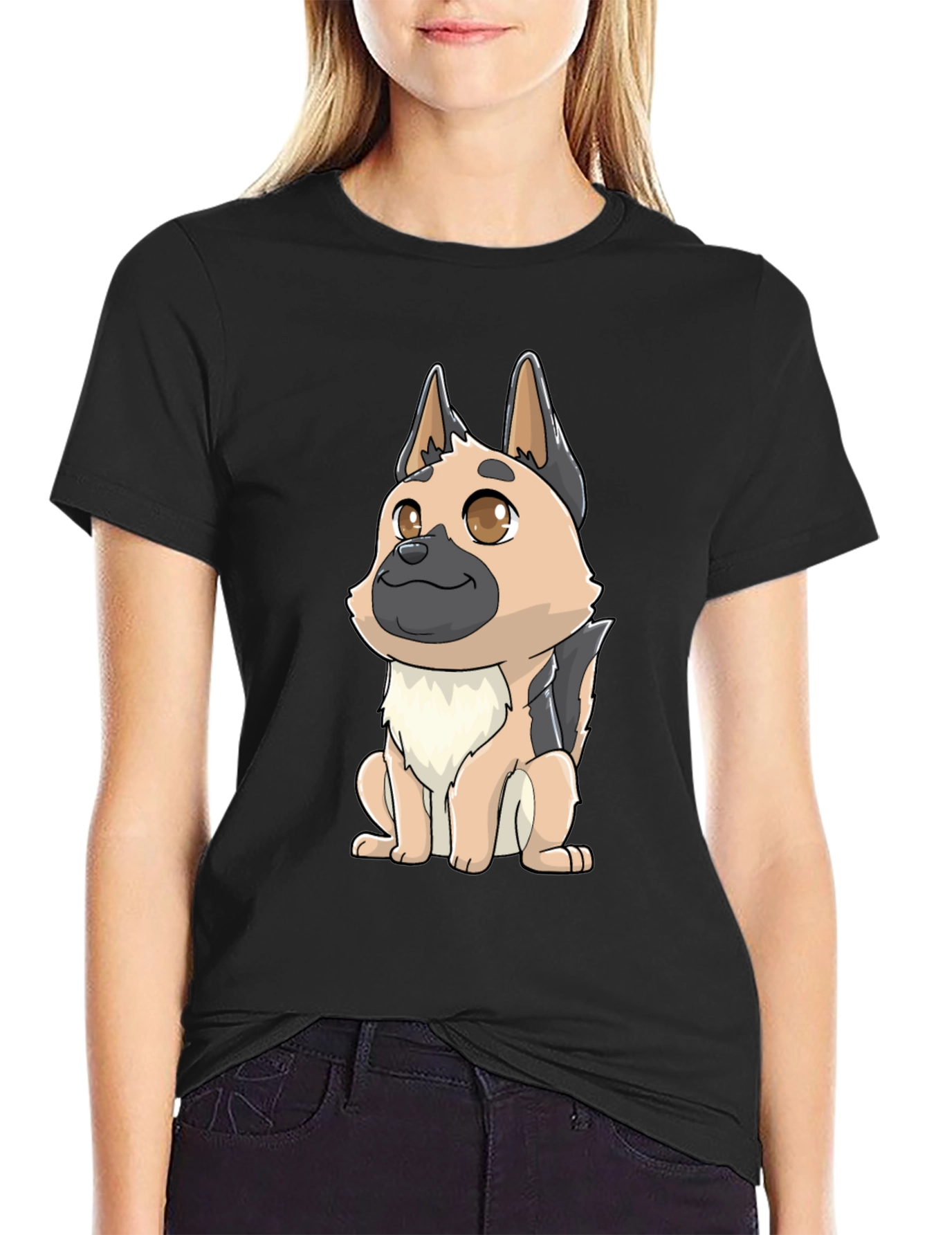 Cartoon German Shepherd Black T-Shirt