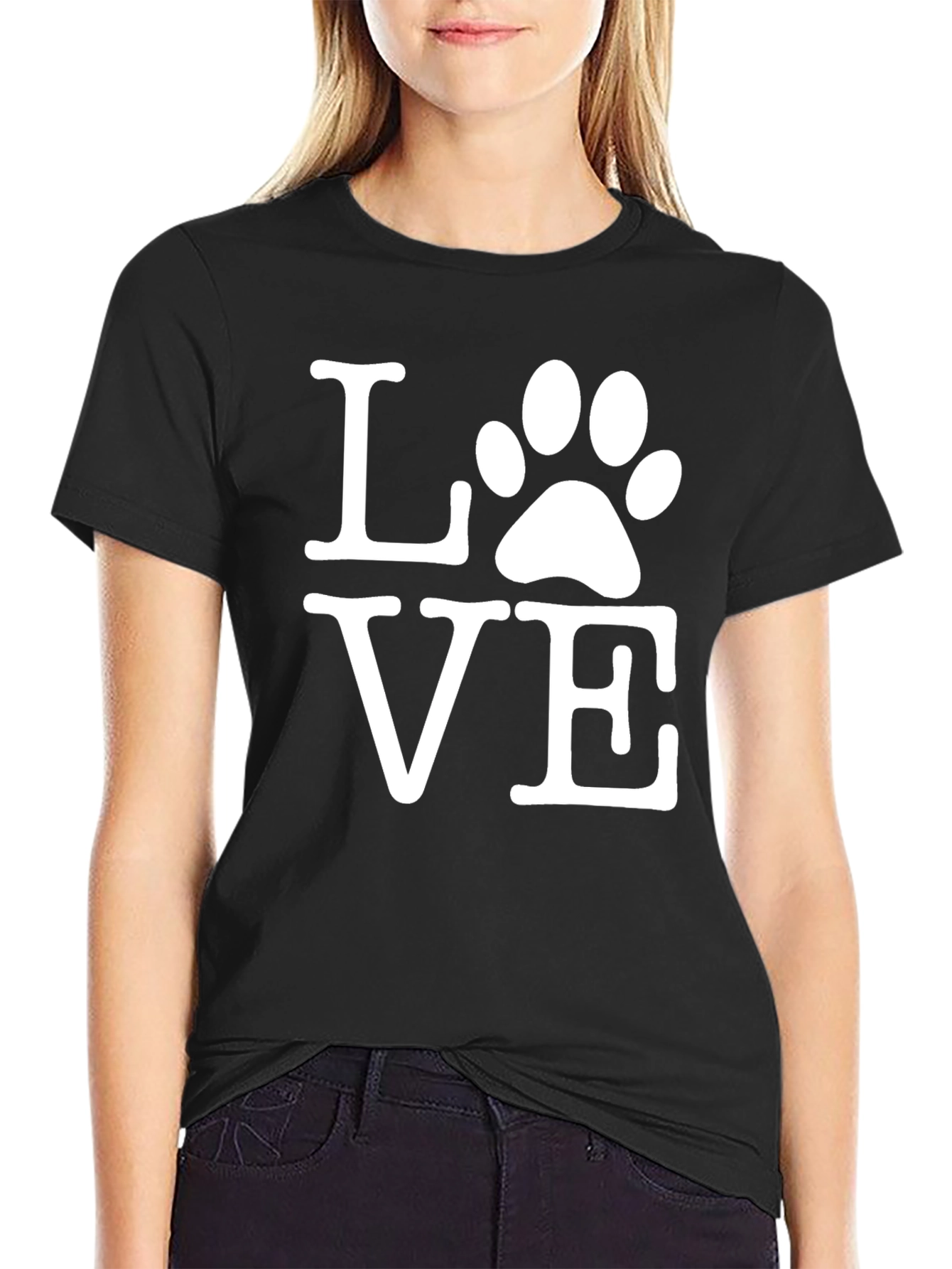 LOVE Paw Print Graphic Tee - Black Cotton Shirt
