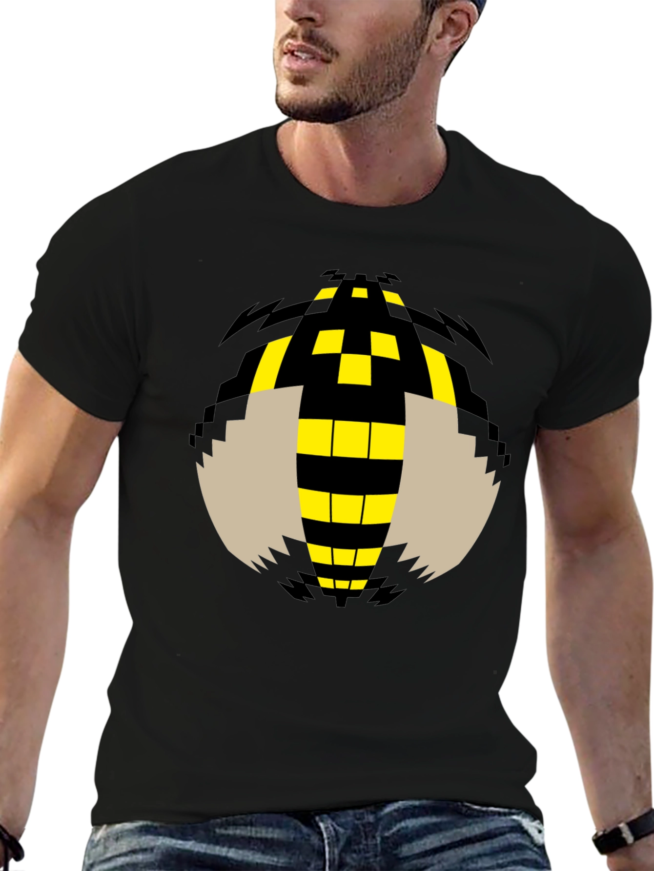 Pixelated Bee Graphic Tee - Black Cotton T-Shirt