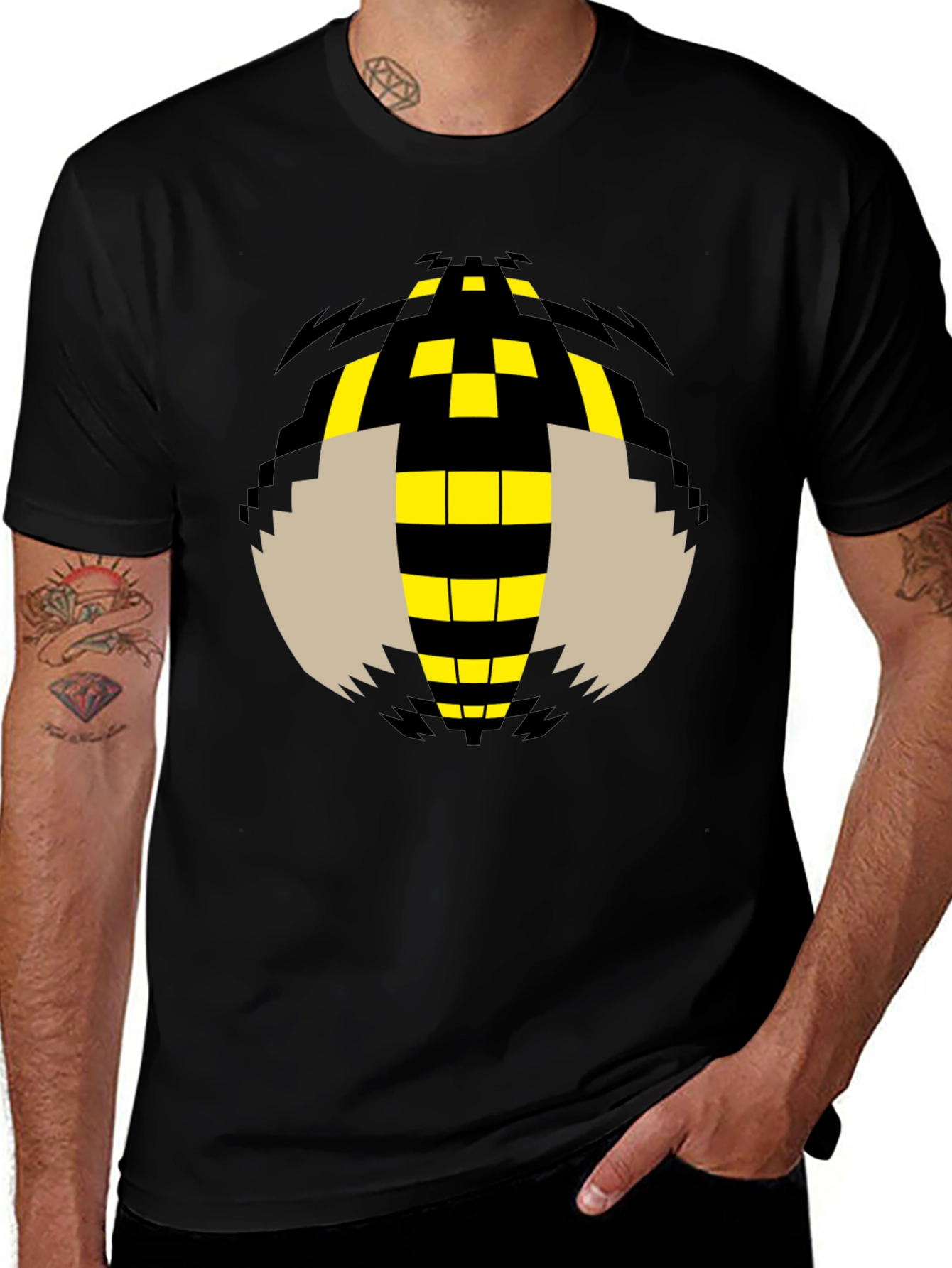 Pixelated Bee Graphic Tee - Black Cotton T-Shirt