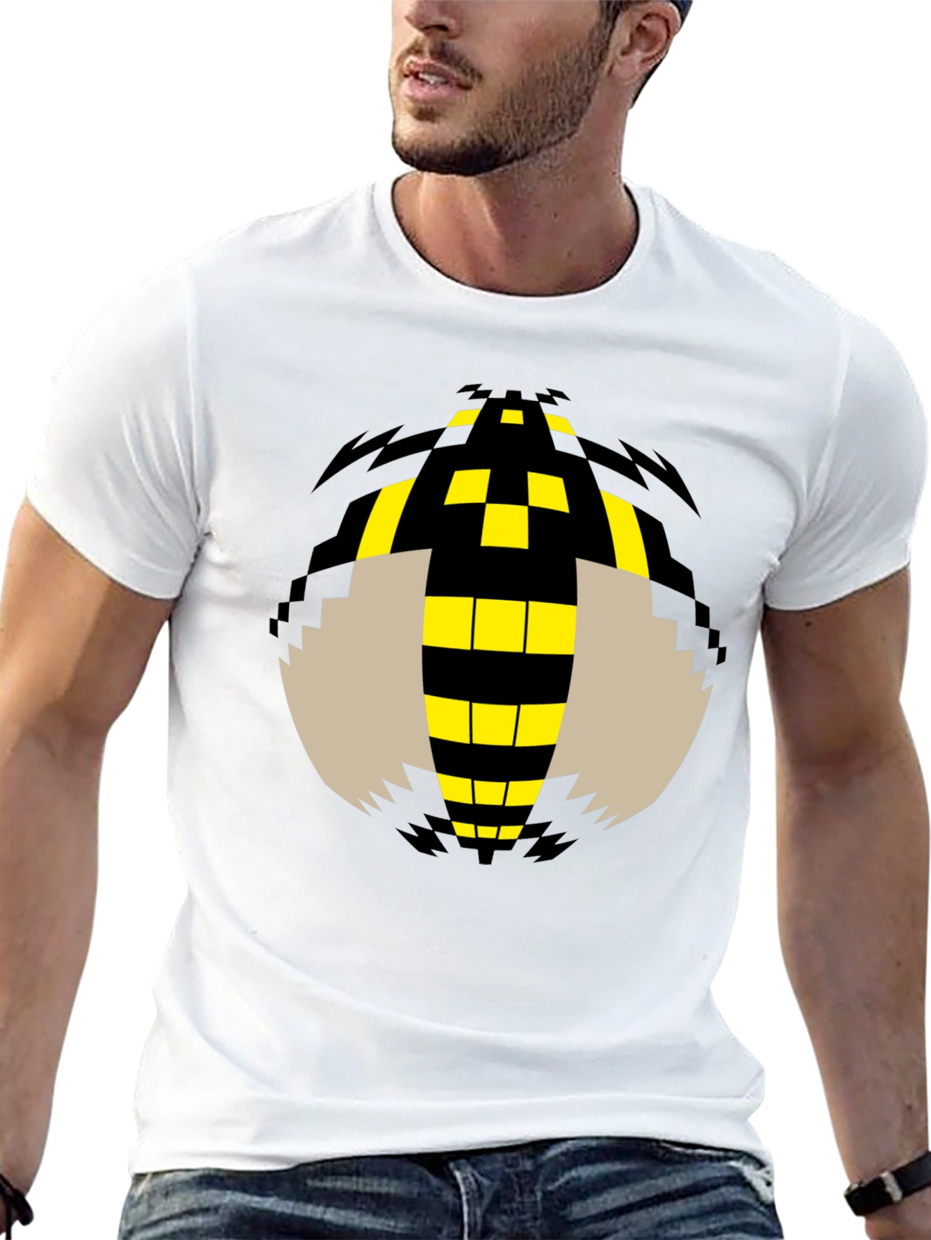 Pixelated Bee Graphic Tee - Black Cotton T-Shirt