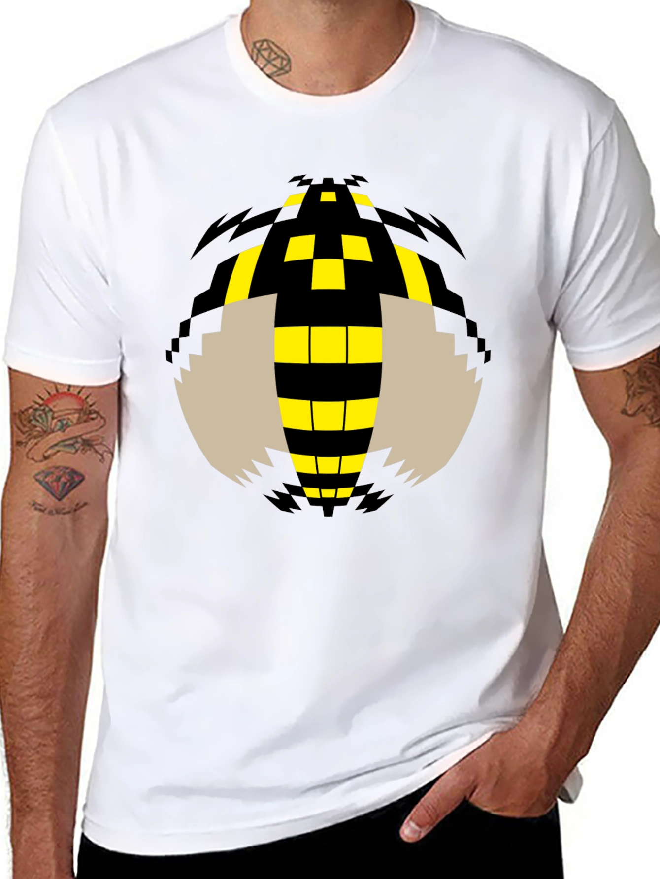 Pixelated Bee Graphic Tee - Black Cotton T-Shirt