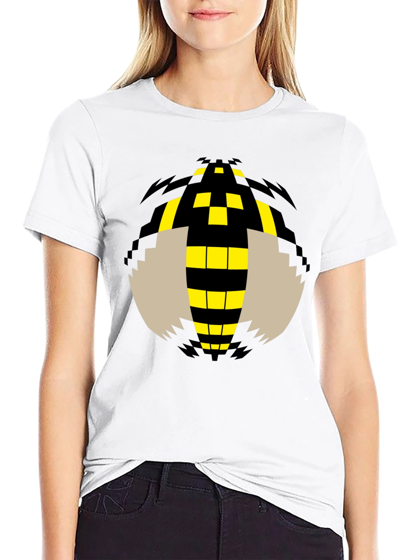 Pixelated Bee Graphic Tee - Black Cotton T-Shirt