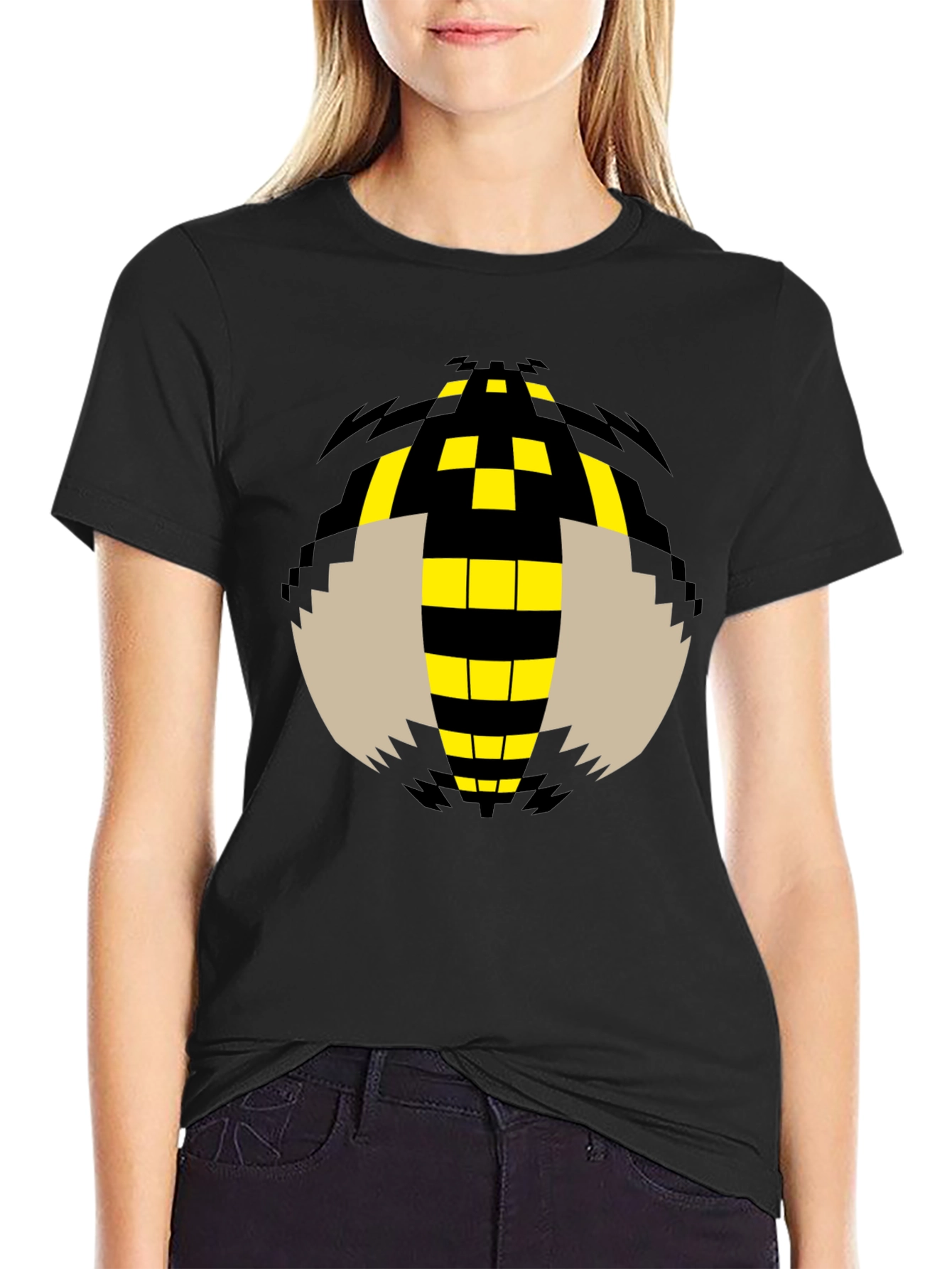 Pixelated Bee Graphic Tee - Black Cotton T-Shirt