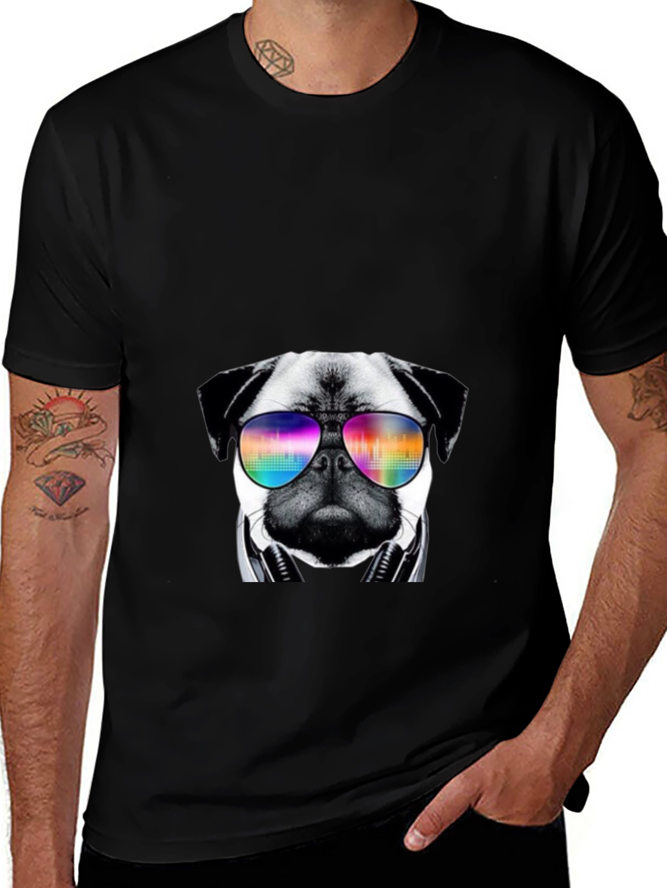 Pug Headphones Rainbow Sunglasses T-Shirt – Music Dog Lover Tee