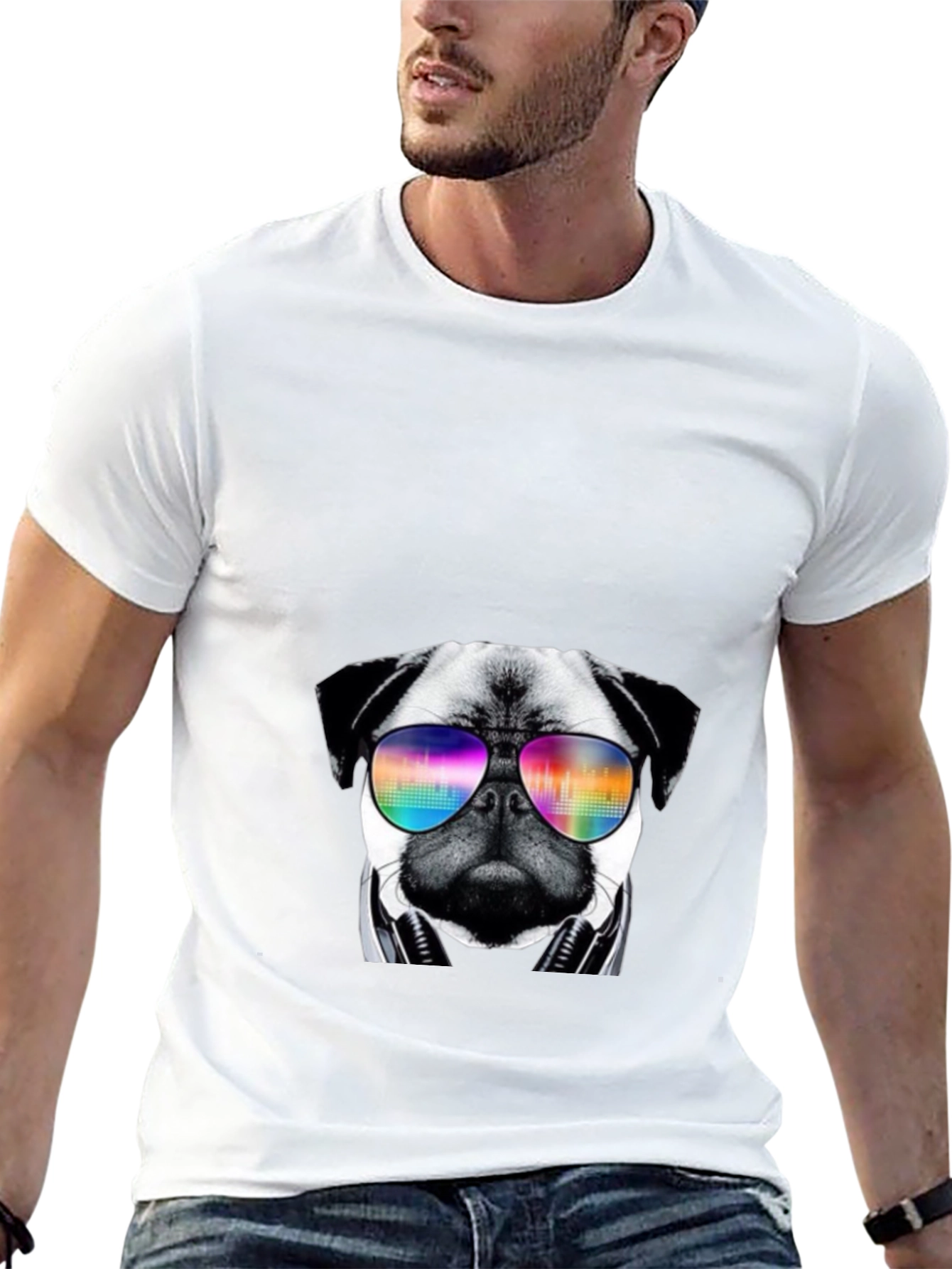 Pug Headphones Rainbow Sunglasses T-Shirt – Music Dog Lover Tee