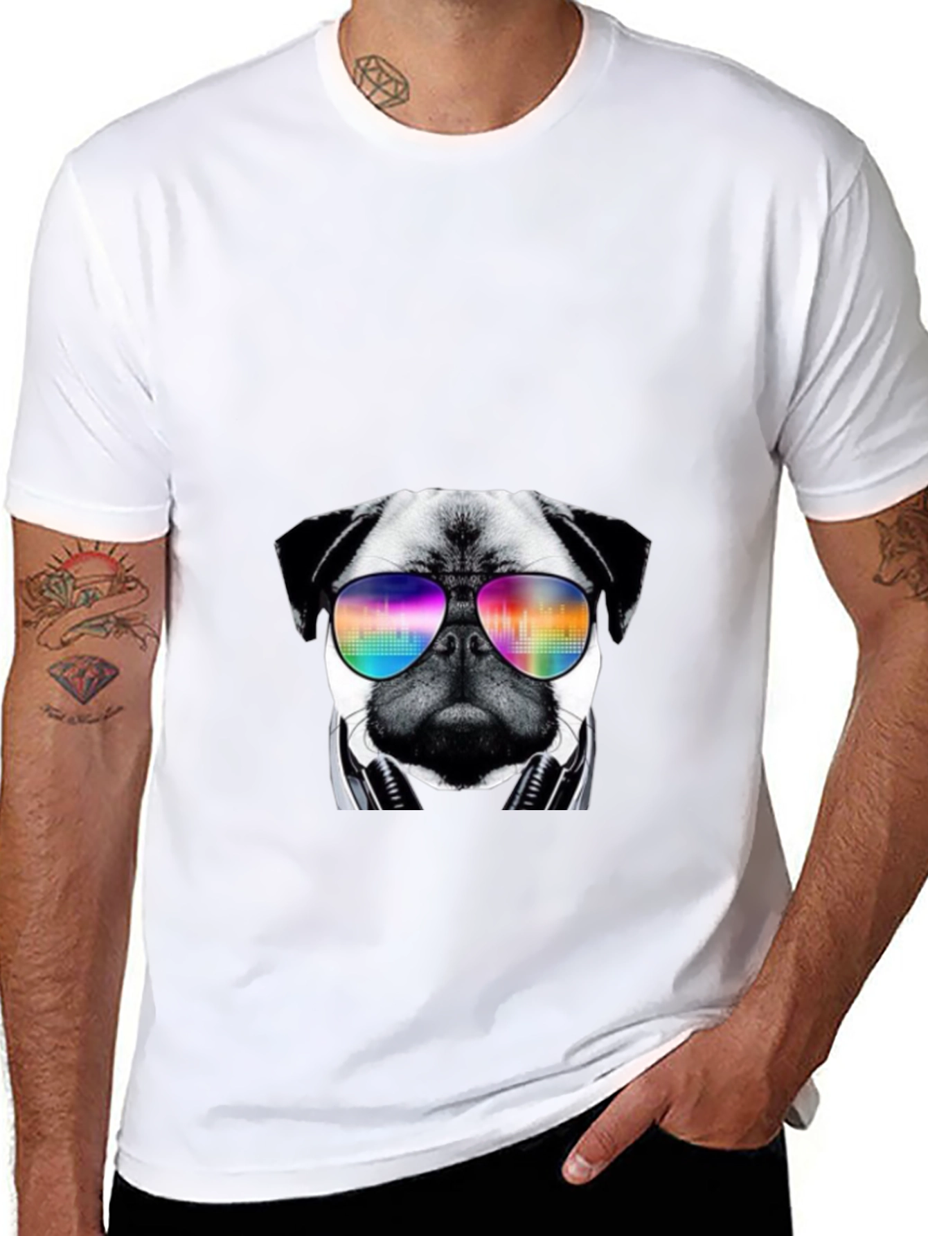 Pug Headphones Rainbow Sunglasses T-Shirt – Music Dog Lover Tee