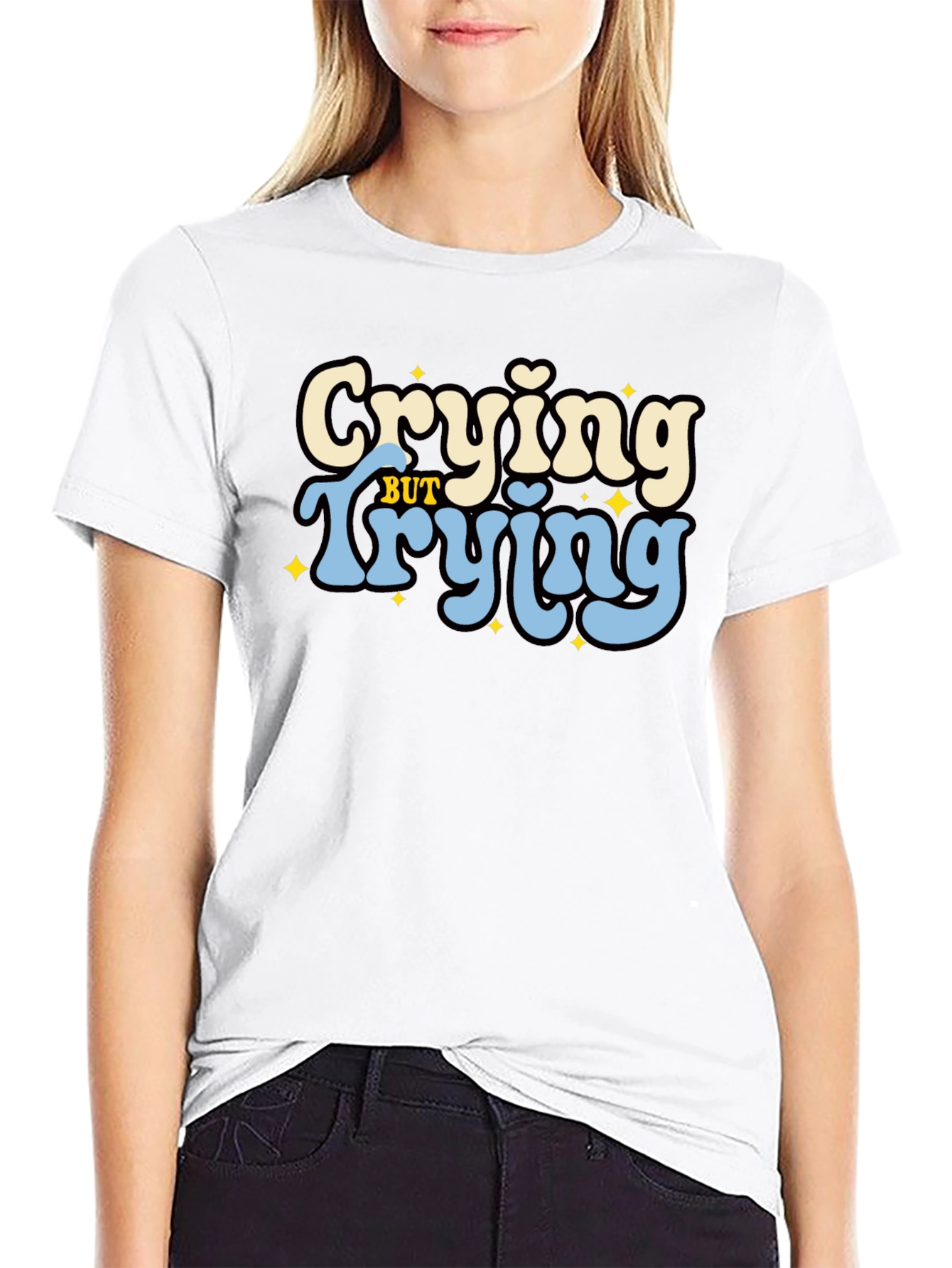 Crying But Trying Black Graphic T-Shirt