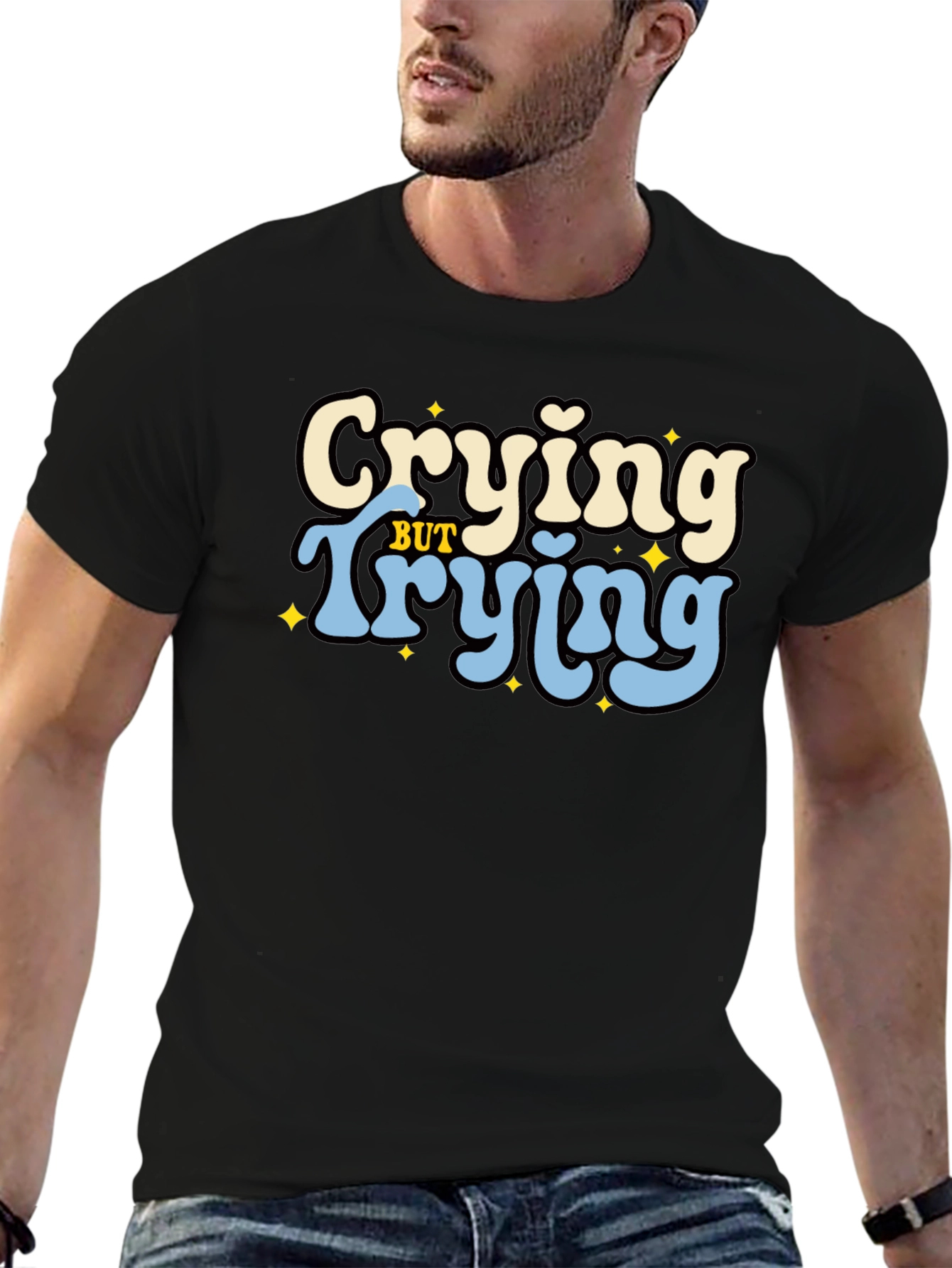Crying But Trying Black Graphic T-Shirt