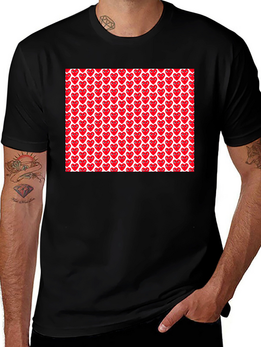 Red Heart Pattern Black T-Shirt