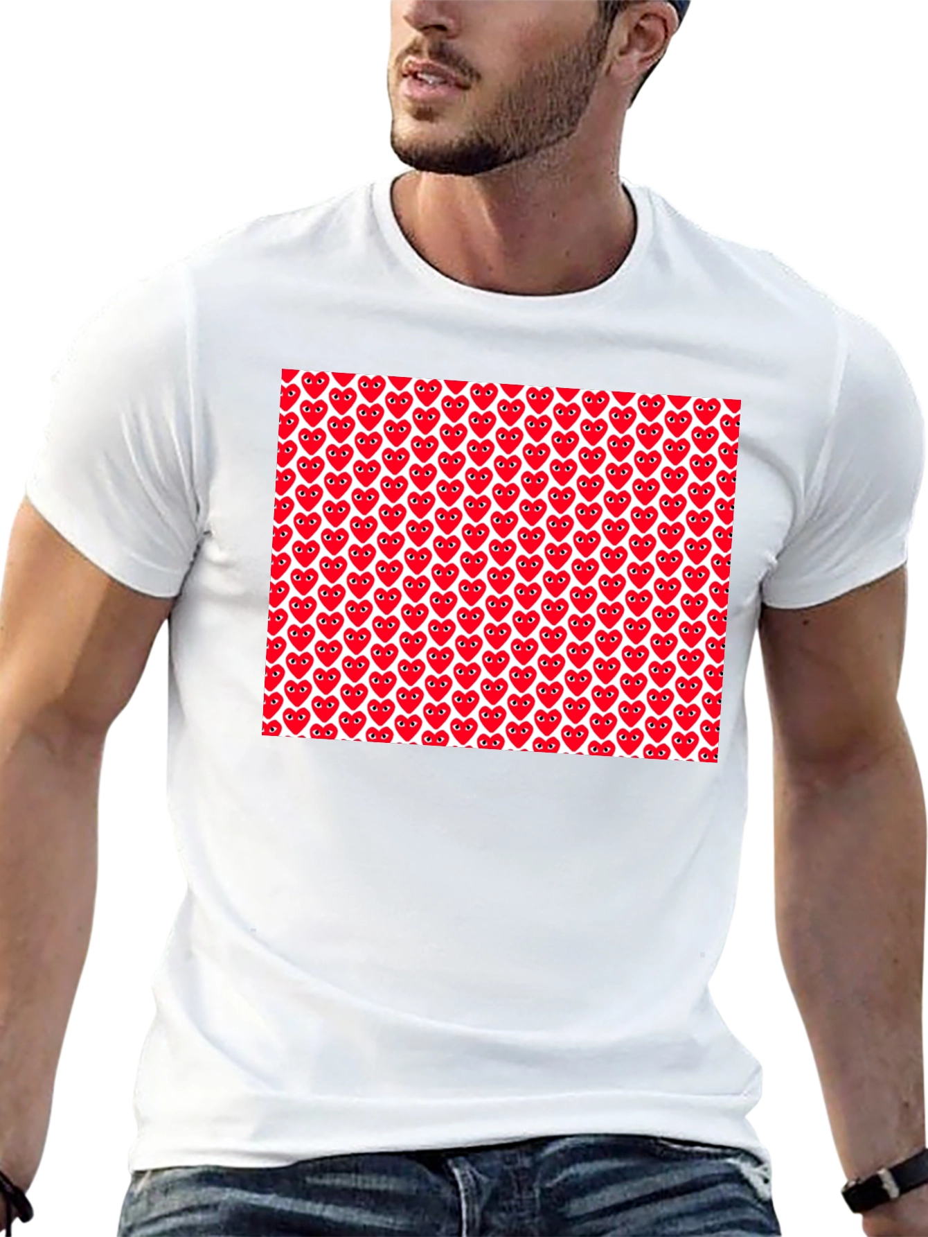 Red Heart Pattern Black T-Shirt