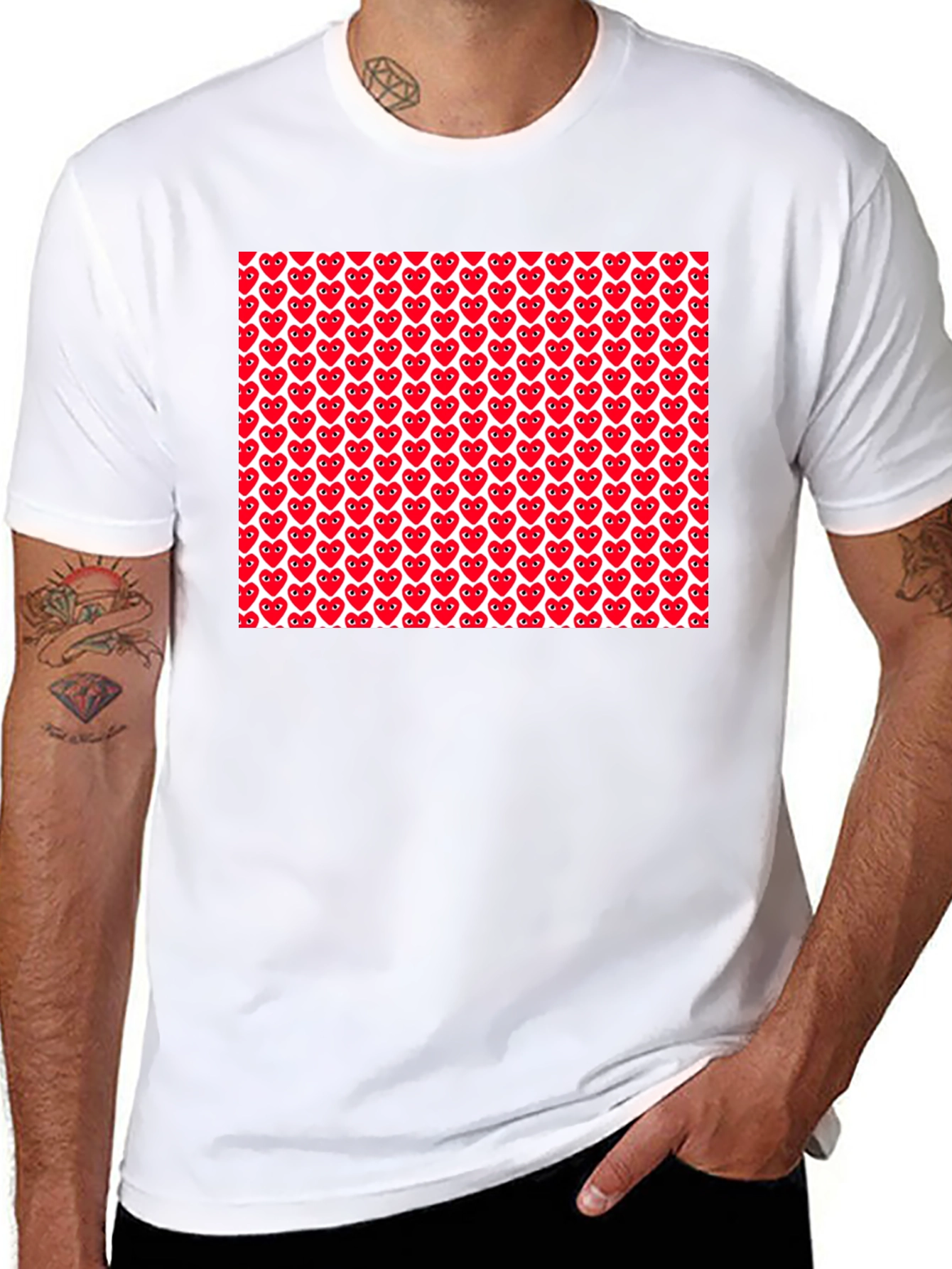 Red Heart Pattern Black T-Shirt