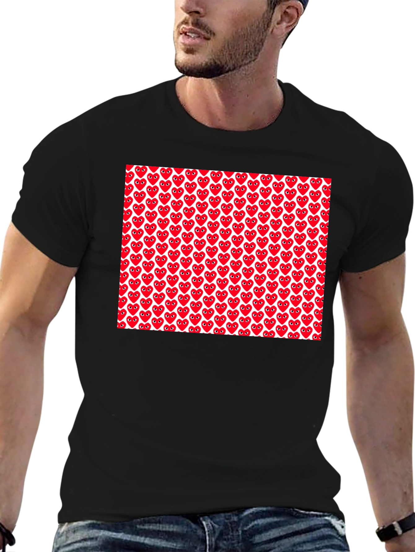 Red Heart Pattern Black T-Shirt