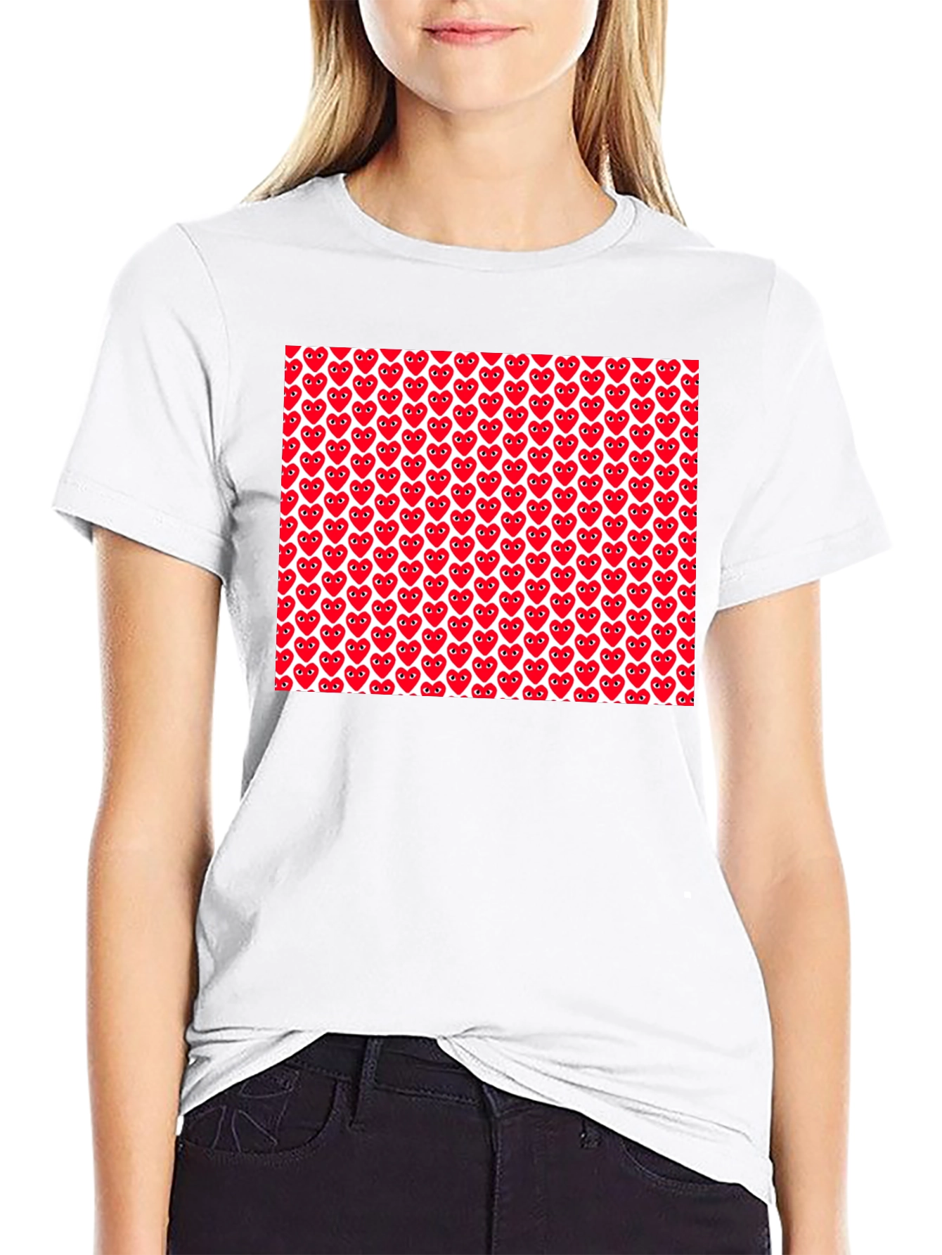 Red Heart Pattern Black T-Shirt
