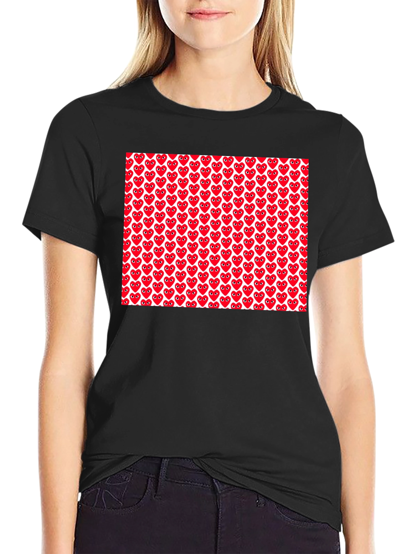 Red Heart Pattern Black T-Shirt