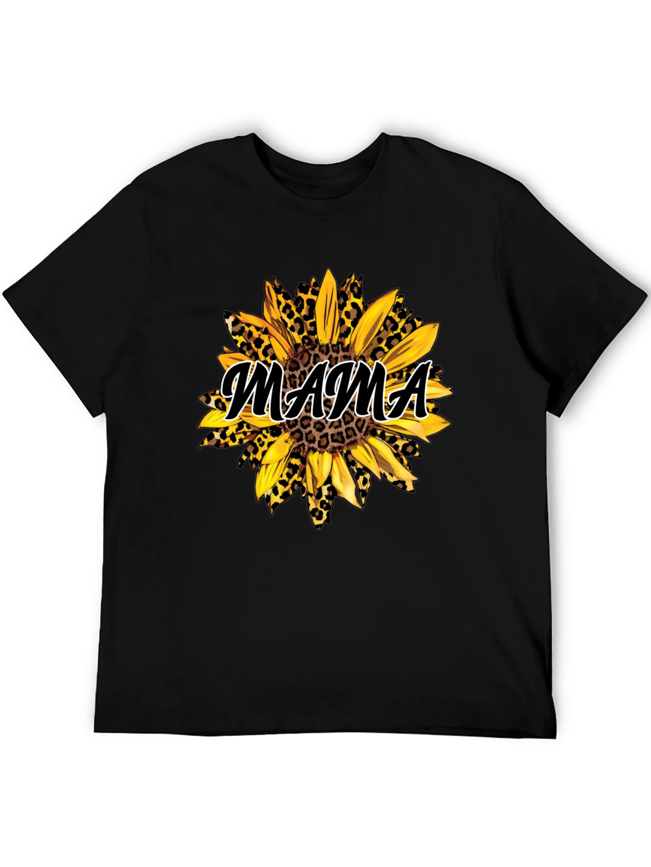 Mama Sunflower Leopard Print Black T-Shirt
