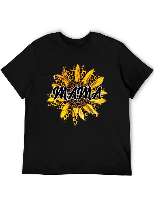 Mama Sunflower Leopard Print Black T-Shirt