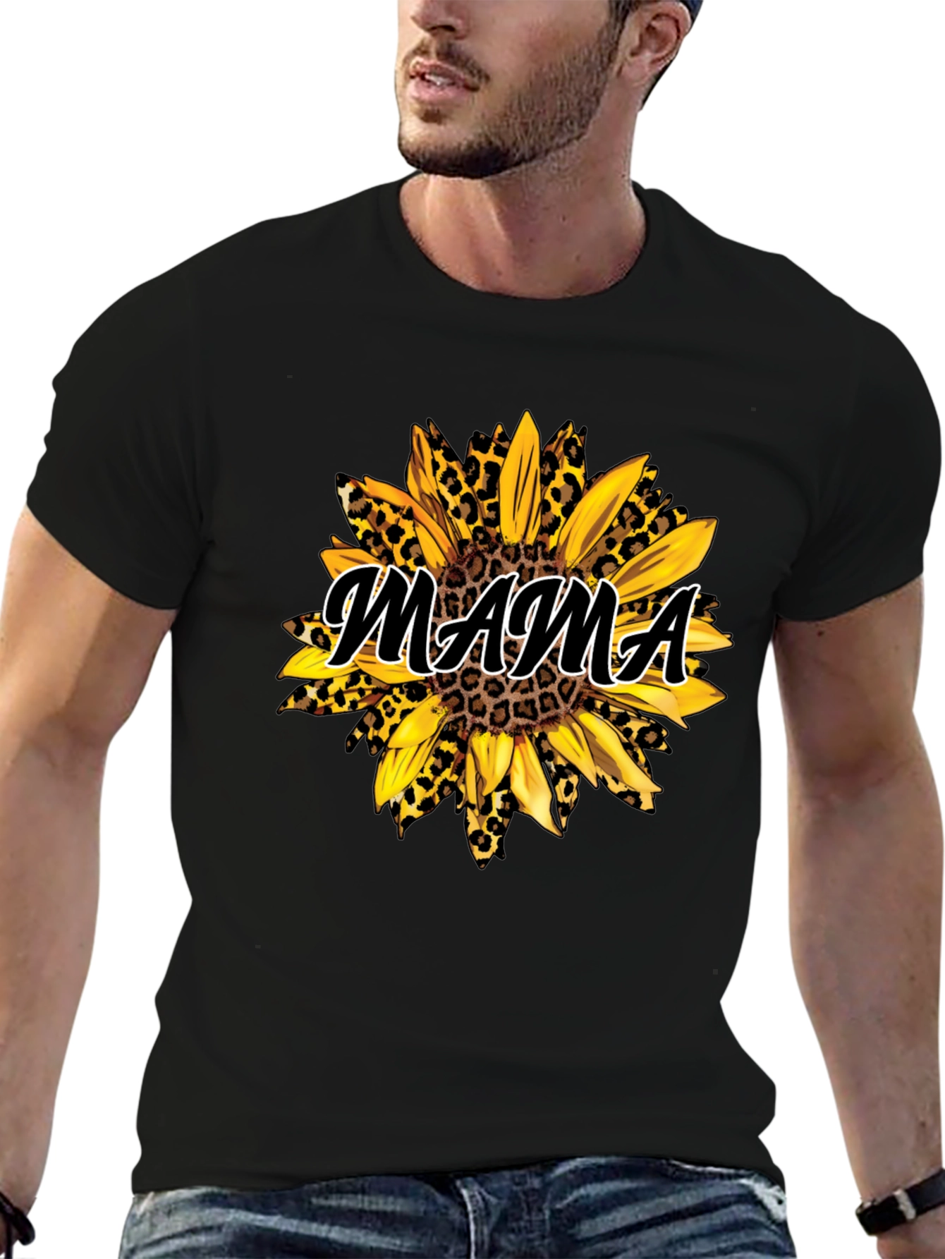 Mama Sunflower Leopard Print Black T-Shirt