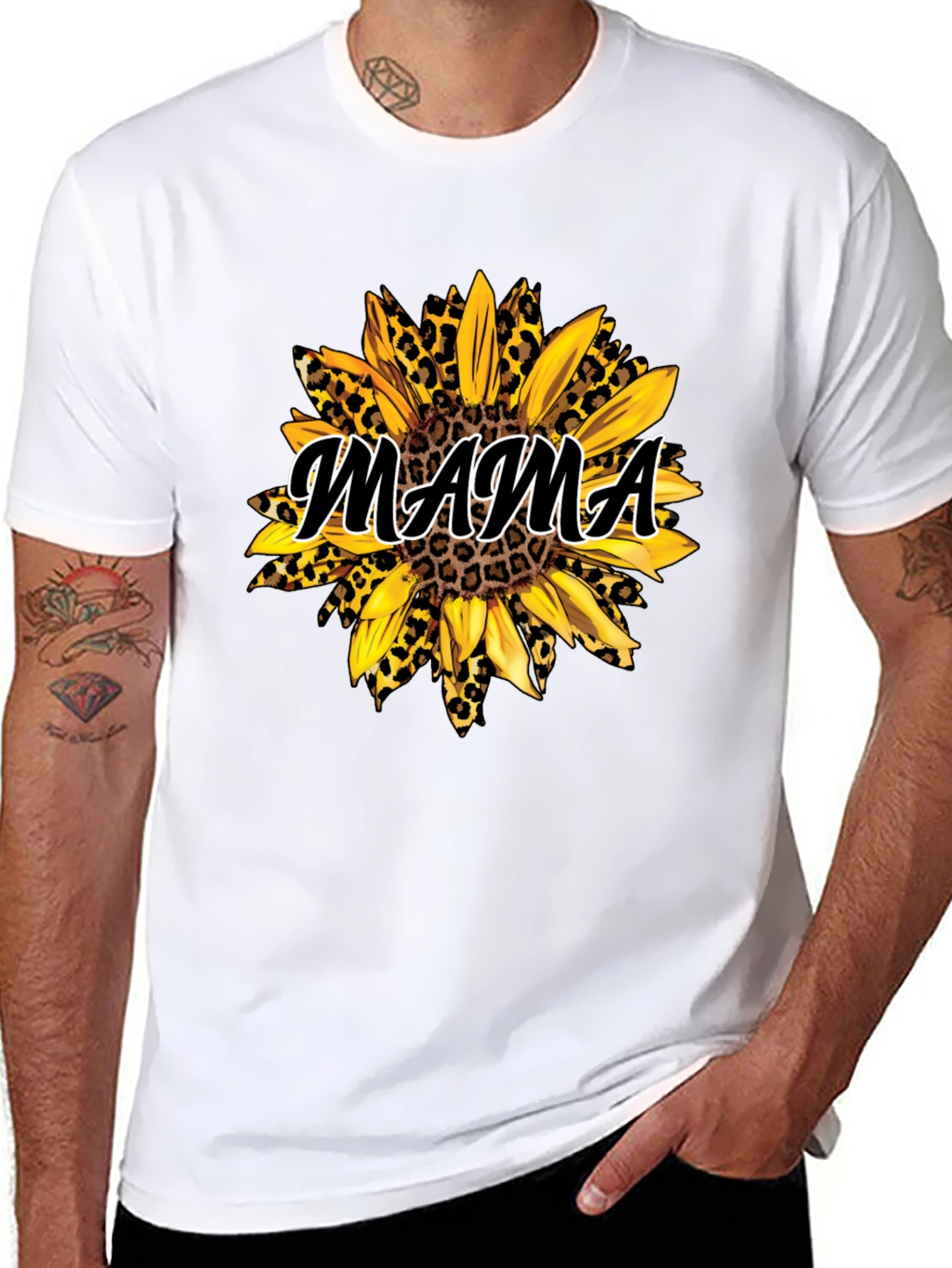 Mama Sunflower Leopard Print Black T-Shirt