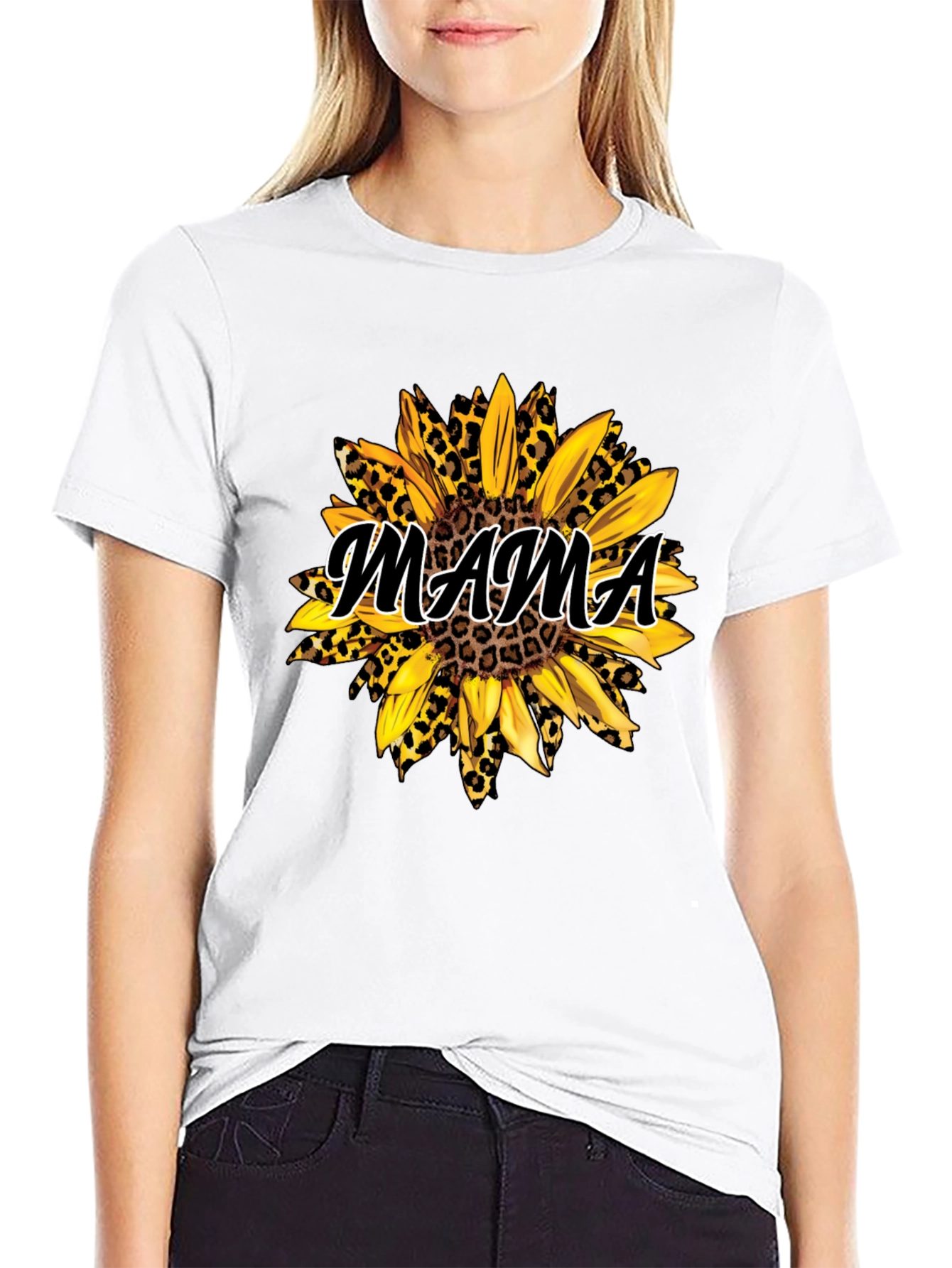 Mama Sunflower Leopard Print Black T-Shirt