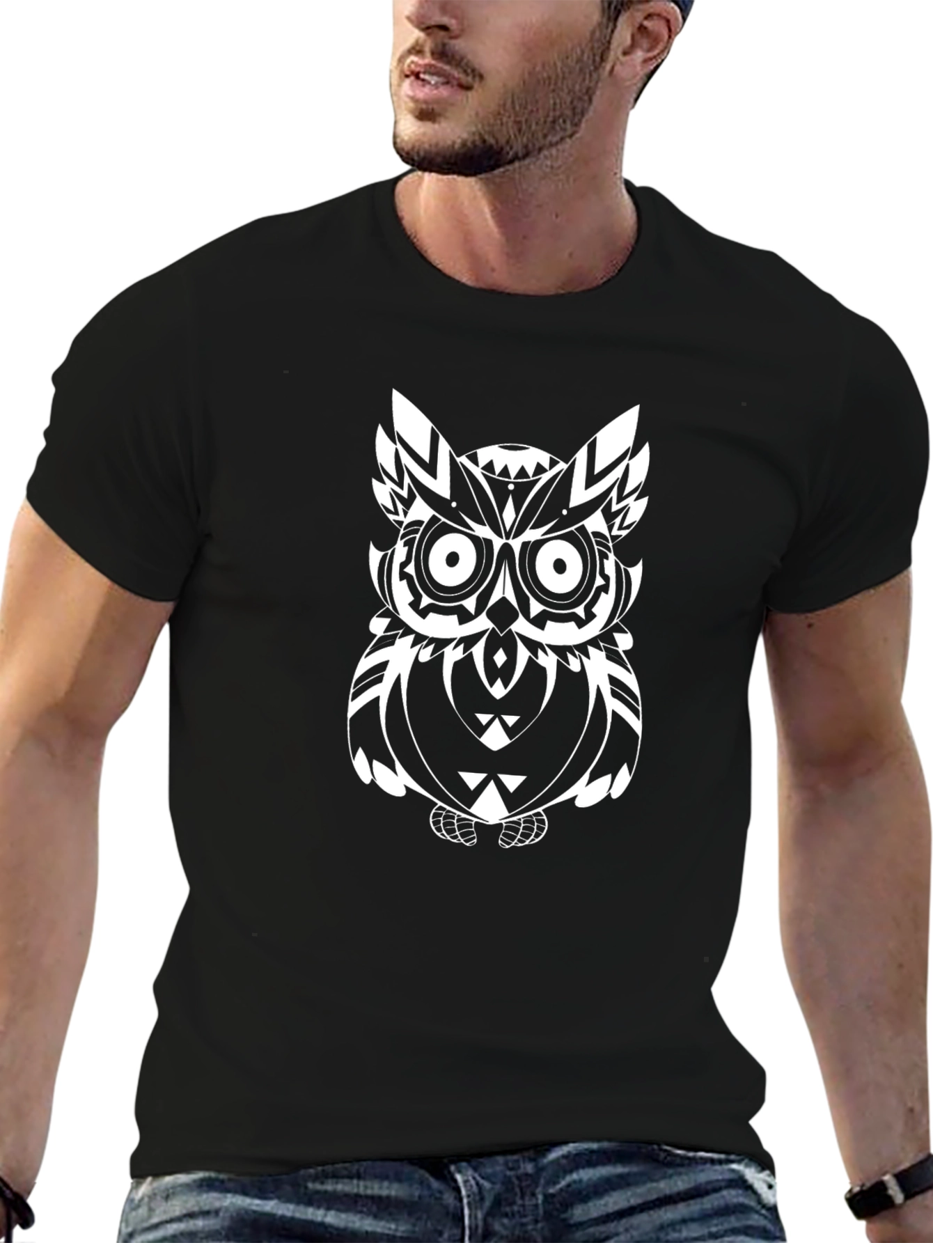 Abstract Owl Graphic Black T-Shirt