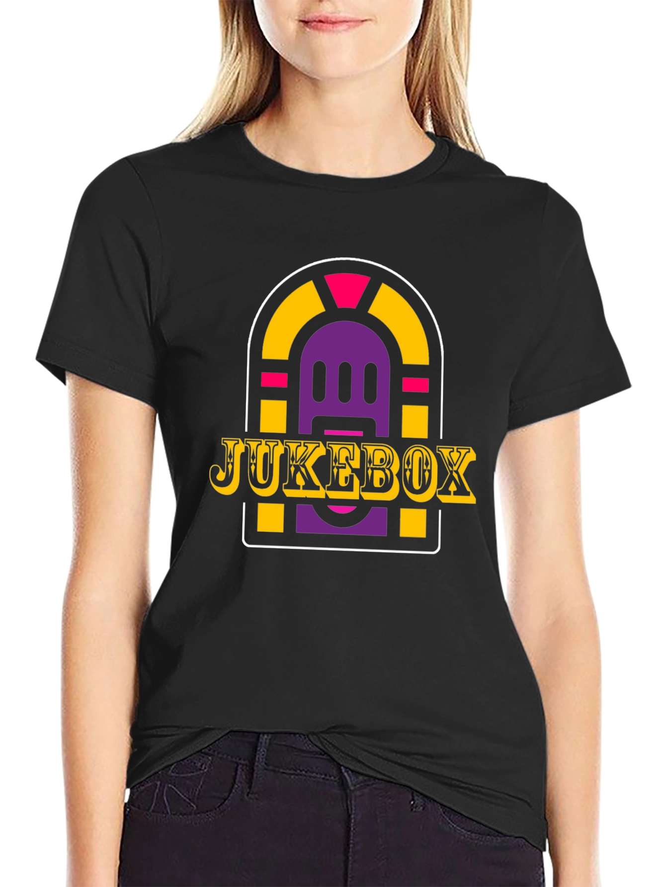 Retro Jukebox Graphic Tee - Black Cotton Blend